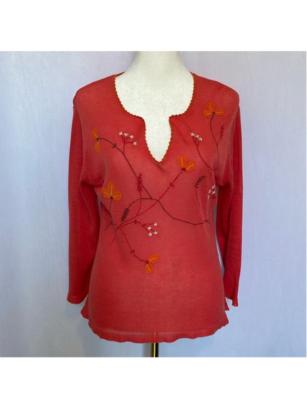 Anthropologie Coral Red V-Neck Sweater with Floral Embroidery